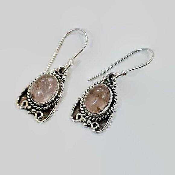 Jewelry - Rose Quartz Earrings, Sterling Silver, Pierced, Blue Stone, Handmade, Dangle